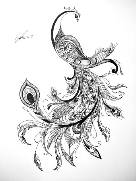 Peacock Line Art, Peacock Sketch, Peacock Tattoos, Filigree Tattoo, Peacock Feather Tattoo, Peacock Tattoo, Cute Tats, Fabric Painting Techniques, Feather Tattoo