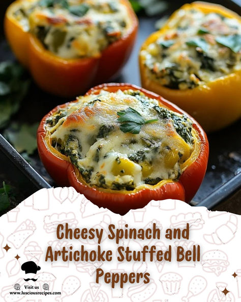 Indulge in the ultimate comfort food with these cheesy spinach and artichoke stuffed bell peppers. Perfectly healthy, delicious, and easy to make for any occasion! Stuffed Bell Peppers Cream Cheese, Bell Peppers Cream Cheese, Stuffed Artichoke Bottoms, Artichoke Bottoms, Artichoke Stuffed, Cheesy Spinach, Spinach And Cheese, Spinach Artichoke, Spinach Stuffed Chicken