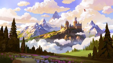 Harry Potter Fanart, Potter Fanart, Dragon Bowl, Castle Painting, Harry Potter Background, Owl Wallpaper, Harry Potter Illustration, Hogwarts Castle, Mountain Wallpaper