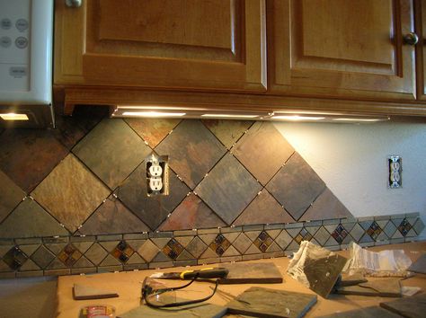 Kitchen backsplash, 4" slate tile on point | Flickr - Photo Sharing! Slate Backsplash Kitchen, Styles Of Kitchen Cabinets, Slate Kitchen Backsplash, Blue Backsplash Kitchen, Tuscan Kitchen Design, Slate Backsplash, Slate Kitchen, Modern Kitchen Backsplash, Stone Backsplash Kitchen