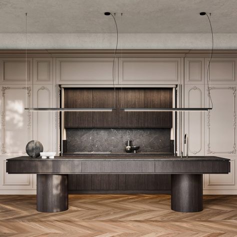 Kitchen Tall Units, Armani Casa, Mid Century Lounge, Cladding Systems, Minimal Kitchen, Dining And Living Room, Kitchen Solutions, Oak Kitchen, Wood And Marble