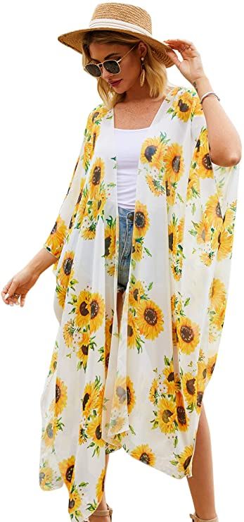 Hibluco Women's Floral Kimono Cardigan Sheer Tops Loose Blouse Cover Ups at Amazon Women’s Clothing store Long Floral Kimono, Floral Kimono Cardigan, Sheer Swimsuit, Sheer Tops, Printed Kimono, Kimono Floral, Cardigan Kimono, Cardigan Design, Floral Print Chiffon