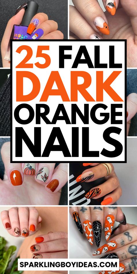 Dark orange nails are perfect for a bold fall look. From burnt orange nails to deep rust tones, these warm autumn nails are ideal for the season. Try earthy tone nail designs with terracotta or copper accents for a cozy vibe or go for dark fall nails with muted orange nail colors. Opt for orange ombre nails or add a touch of pumpkin spice to your look. Whether you prefer short autumn nails or intricate fall nail art, dark orange nail designs will keep your manicure on-trend this season. Brown Orange Nails Design, Orange Dip Powder Nails Fall, Copper Orange Nails, Fall Burnt Orange Nails, Orange And Brown Nail Designs, Black Nails With Orange, Deep Orange Nails, Orange Fall Nail Designs, Orange Short Nails