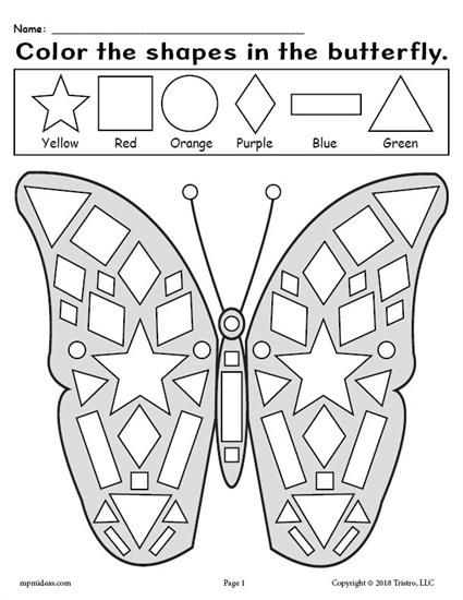 FREE Printable Butterfly Shapes Coloring Pages! Shapes Coloring Pages, Coloring Worksheets For Kindergarten, Butterfly Shapes, Shapes Worksheet Kindergarten, Shape Coloring Pages, Shapes Kindergarten, Kindergarten Coloring Pages, Shapes Worksheets, Spring Preschool