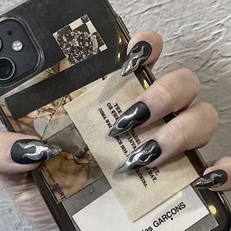 Black And Silver Flame Nails, Silver Flame Nails, Itzy Nails, Black Fake Nails, Black Silver Nails, Acrylic Nails Yellow, Flame Nail Art, Almond Press On Nails, Static Nails