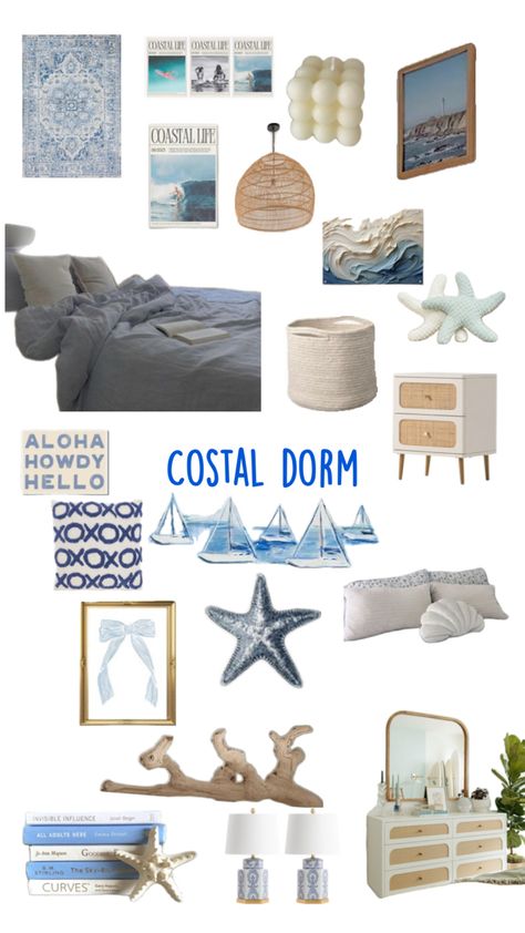 Costal dorm • bedroom ideas • costal granddaughter • Coastal Granddaughter Bedroom Wall Decor, College Of Charleston Dorm, Coastal Grandmother Aesthetic Bedroom, Costal Bedroom Idea, Cofc Dorm, Dorm Bedroom Ideas, Blue And White Dorm, Coastal Granddaughter Bedroom, Beach Dorm