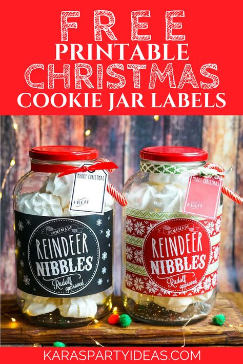 Free Printable Christmas Cookie Jar Labels via Kara's Party Ideas - KarasPartyIdeas.com Free Printable Christmas Labels, Free Christmas Labels, Christmas Treats Jars, Christmas Printable Labels, Christmas Cookie Jar, Easy Homemade Christmas Gifts, Christmas Cookie Jars, Free Christmas Gifts, Christmas On A Budget