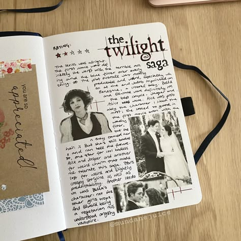 First Diary Page Ideas, Journal Layout Aesthetic, Journal First Page Ideas Aesthetic, Movie Sketchbook, First Journal Page, Movie Journaling, Twilight Journal Page, Fav Movies Journal, Movies Journal Page