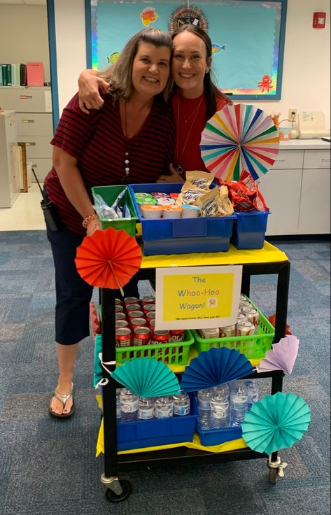 Snack cart for teachers Prize Cart Ideas, Pta Snack Cart, Snack Carts For Teachers, Coffee Cart Ideas School, Teacher Appreciation Snack Carts, Treat Trolley For Teachers, School Snack Cart, School Coffee Cart, Treat Cart For Teachers