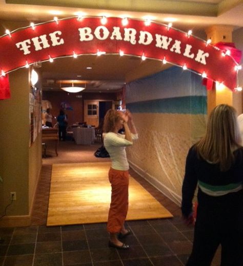 Entrance to Graduation Boardwalk to Bellevue High Party Boardwalk Party Ideas, Boardwalk Decorations, Carnival Party Entrance, Homecoming Float Ideas Movie Theme, Footloose Homecoming Theme, Boardwalk Party, Boardwalk Theme Party Decorations, Coney Island Party Theme, Boardwalk Theme Party