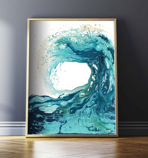 A stunning abstract art print of a wave in a variety of turquoise and blues – it is a print of my Sandbanks Wave I painting. It is one of my favourite prints and also my favourite painting to date. The original was created using acrylics on canvas and was great fun to paint! This surf art print would make a touching new home housewarming gift for a sea lover and would look fabulous with both modern minimalist decor as well as a more traditional or rustic interior design – complete your living... Surf Art Print, Kunst Inspo, Nautical Prints, Wave Painting, Art Ocean, Wave Art, Arte Inspo, Ocean Print, Pouring Art