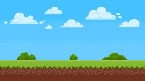 Pixel art landscape. Game background with blue sky, clouds and grass. Summer day scene for 8 bit arcade games. Retro pixelated playing view. Vector illustration 8 Bit Landscape, Sky Pixel Art, Blue Hour Pixel Art, Pixel Art Landscape Gif, Pixel Art Grass Tileset, Pixel Art Landscape, Blue Sky Clouds, Pixel Art Background, Game Background