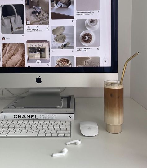 A computer opened to Pinterest. There’s a coffee sitting on the white desk. Ig Picture Ideas, Chanel Magazine, Office Admin, Coffee Vibes, Instagram Filler, Pinterest Feed, Career Vision Board, Coffee Instagram, Breakfast Coffee