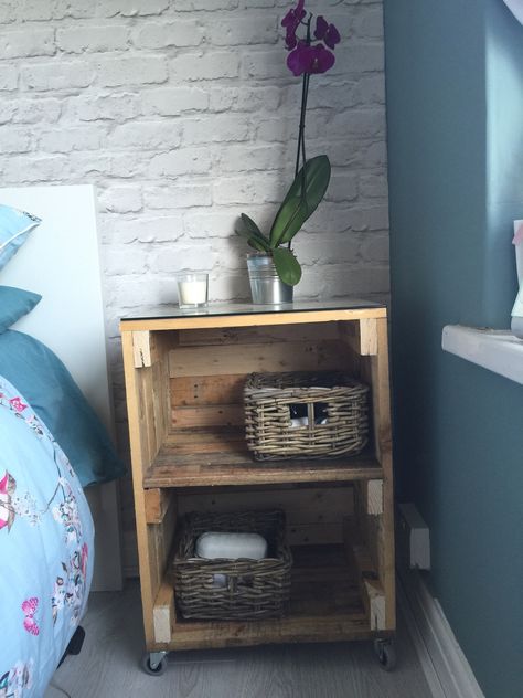 Our Bedside table made from pallets. Nightstand Out Of Pallets, Bedside Table Pallet, Pallet Bedside Table Diy, Rustic Bedside Tables, Pallet Bedside Table, Pallet Nightstand, Table Made From Pallets, Cool Bedside Tables, Pallet Bedroom