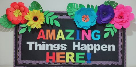 Amazing Things Happen Here Bulletin, Amazing Things Happen Here, Library Bulletin Board Ideas, Garden Classroom, School Display, Library Bulletin Board, Teacher Bulletin Boards, Library Bulletin Boards, Back To School Bulletin Boards