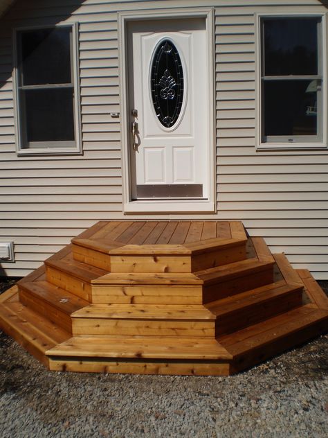 Problem solving steps   5 sided stairs Octagon Deck Steps, Porch Steps With Landing, Porch Steps With Railing, Steps With Railing, Porch Steps Ideas, Outside Stairs, Patio Stairs, Porch Stairs, Front Porch Steps