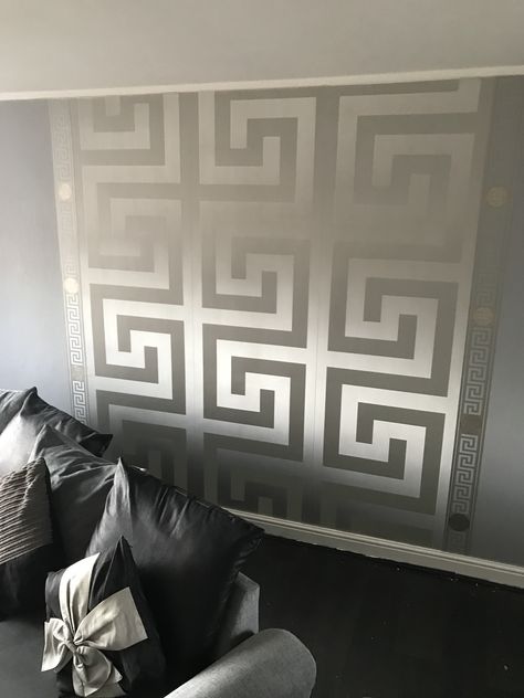 Versace large Greek Key wallpaper, Versace Greek Key boarder. My feature wall 😍😍😍 Versace Wallpaper Living Room, Versace Wallpaper Bedroom, Key Wallpaper, Versace Home Decor, Wallpaper Decor Bedroom, Versace Wallpaper, Elegant Living Room Decor, Versace Home, Luxurious Bedroom