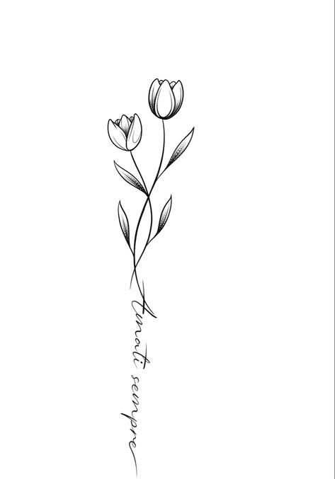 Disegno fineline, idee per tatuaggio tulipani con scritta stelo fiore Tulip Tattoo With Name, Infinity Tattoo With Flowers, Tulips Tattoo Design, Design Flower Drawing, Minimal Tattoo Designs, Minimal Tattoo Ideas, Dragon Tattoo Ideas, Side Wrist Tattoos, Tulip Tattoo