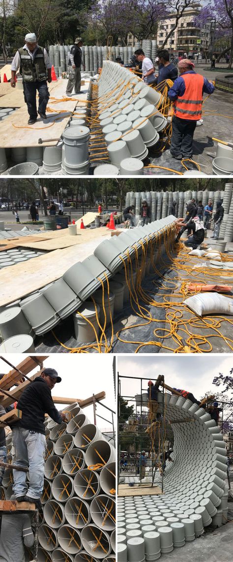 A Group Of Designers Created A Wave Made Of Buckets For An Architecture Festival In Mexico City Urban Art Installation, Public Art Installation, Installation Architecture, Interior Design Living Room Modern, Art Installation, Origami Art, Land Art, Public Art, Buckets