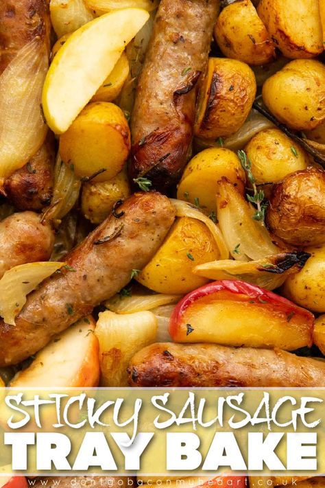 Honey Garlic Sausage, Honey Garlic Sausage Recipes For Dinner, Honey Garlic Sausage Dinners, Mid Week Dinner Ideas, Sausage Tray Bake, Sausage Recipes For Dinner, Sausage Dishes, Tray Bake Recipes, Baked Dinner