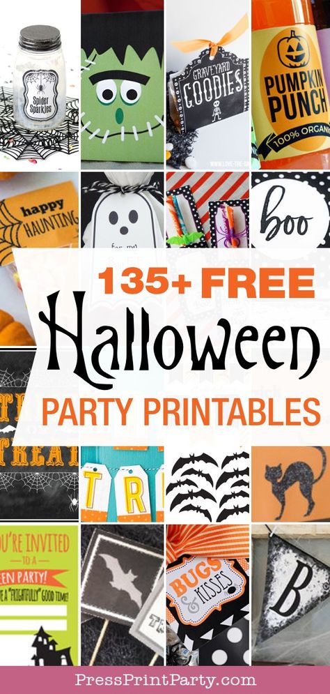 135+ FREE HALLOWEEN PRINTABLES - If you're planning a Halloween party you're in luck. I've put together a list of amazing Halloween printables, including Halloween treat tags, labels, signs, decorations, banners, favor boxes, and more - by Press Print Party! #halloween #freeprintables Halloween Labels Printable, Candy Tags, Free Halloween Printables, Boo Yall, Halloween Treat Tags, Halloween Party Printables, Party Fotos, Halloween Printables Free, Halloween Templates