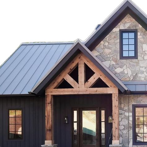 Wood Peaks On House Exterior, Dark Exterior With Light Stone, White House Black Trim Wood Accents, Charcoal House Exterior, Gray Farmhouse Exterior, Ford Interior Design, Dark House Exterior, Dark Grey Houses, Charcoal House