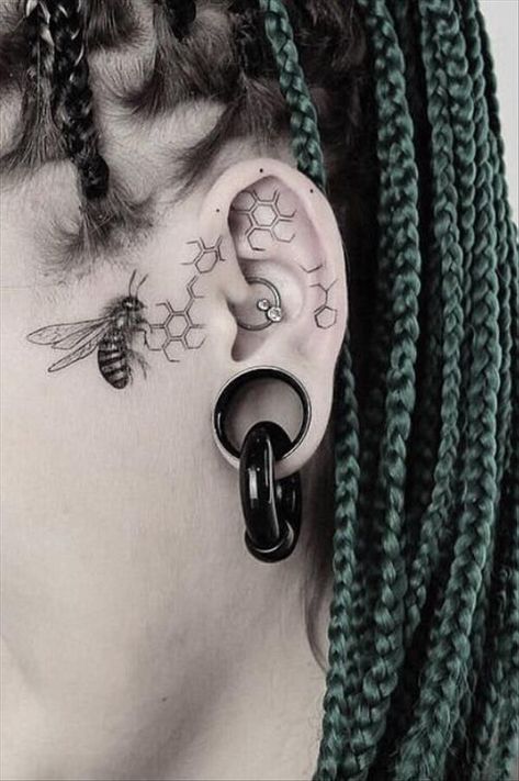 Sideburn Tattoo, Inner Ear Tattoo, Small Face Tattoos, Hairline Tattoos, Face Tats, Face Tattoos For Women, Behind Ear Tattoos, Tatuaje A Color, Bee Tattoo