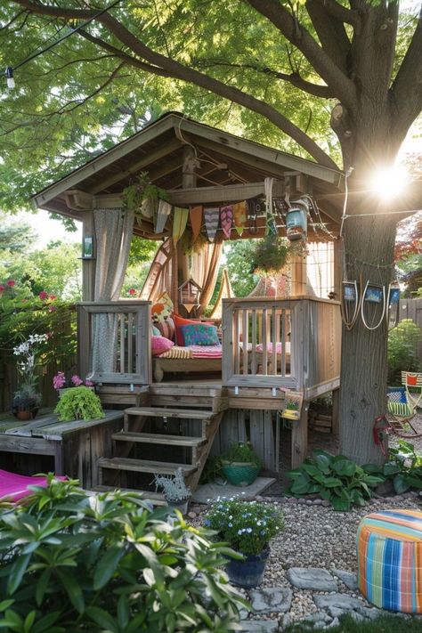 Playground Backyard Landscaping, Backyard Yoga, Cabin Backyard, Adult Tree House, Boho Outdoor Space, Outdoor Cabana, Cozy Patio, Backyard Pavilion, Backyard Bar