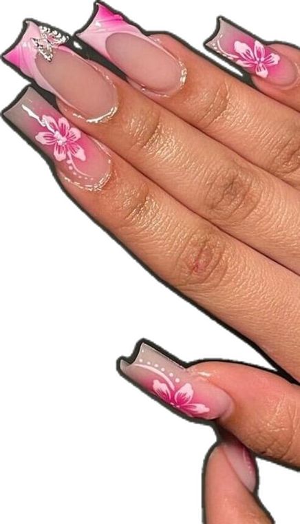 Stiletto Nails Spring, Hibiscus Nails Almond, 3d French Nails, Square Stiletto Nails, Nails Hibiscus, Hibiscus Nails, Nails Duck, Holiday Acrylic Nails, Nails 3d