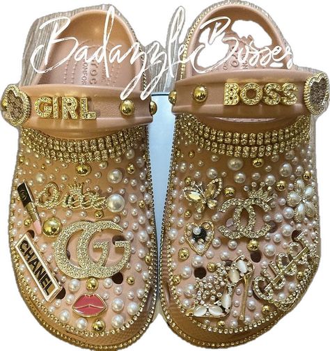 High Crocs, Croc Decor, Bedazzled Crocs, Croc Decorations, Bedazzled Shoes Diy, Crocs Ideas, Platform Crocs, Crocs Slides, Bedazzled Shoes