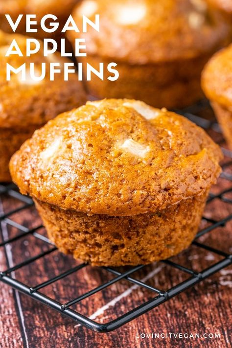 These vegan apple muffins are soft, fluffy, moist and loaded with chunks of fresh apple. Perfect for breakfast or dessert. Vegan Apple Sauce, Vegan Apple Muffins, Vegan Recipes For One, Muffins With Chocolate, Apple Muffin Recipes, Vegan Snack Recipes, Vegan Baking Recipes, Vegan Apple, Vegan Snack