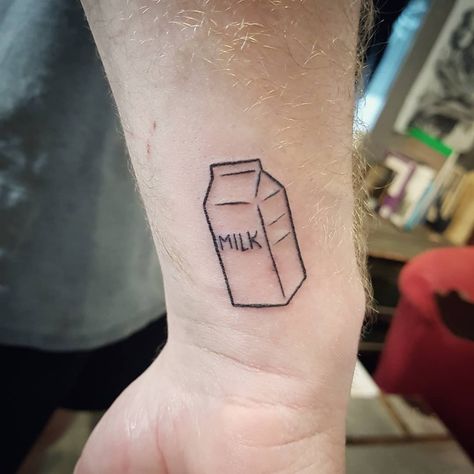 Milk Carton Tattoo Cute, Carton Of Milk Tattoo, Milk Tattoo Design, Glass Of Milk Tattoo, Milk Box Tattoo, Oat Milk Tattoo, Chocolate Milk Tattoo, Dairy Tattoo, Milk Bottle Tattoo