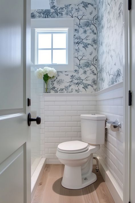 Wallpaper Ideas For Small Bathrooms - Home Tips Clubs Tiny Cloakroom Toilet, Wallpaper And Tile Bathroom, Toilet Room Wallpaper, Wc Wallpaper, Wallpaper Toilet, Kids Bathroom Design, Small Bathroom Wallpaper, Bathroom Improvements, Wallpaper And Tiles