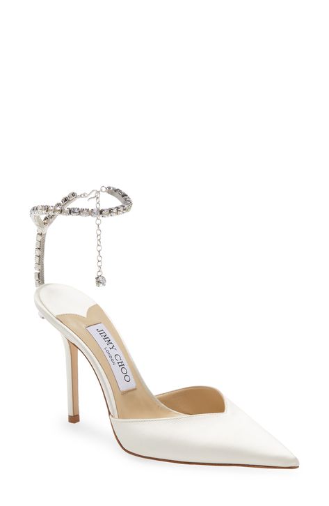 Jimmy Choo Saeda Crystal Ankle Strap Pointed Toe Pump available at #Nordstrom Jimmy Choo Saeda, Jimmy Choo Wedding Shoes, Wedding Fits, Dazzling Jewelry, Ivory Pumps, Food Courts, Gender Inclusive, Crystal Heels, Jimmy Choo Shoes