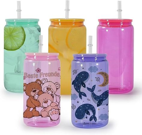 Amazon.com | sweet grain Sublimation Glass Cans with Lids and Straws(5 Pack) - 16oz Transparent Colored Sublimation Glass Blanks, Sublimation Glass Tumbler Bulk for Iced Coffee, Juice, Soda - 5 Colors: Tumblers & Water Glasses Sublimation Glass Tumbler, Glass Coffee Cups, Bar Glassware, Glass Straws, Fun Cup, Sublimation Paper, Colorful Party, Glass Tumbler, Tumblers With Lids