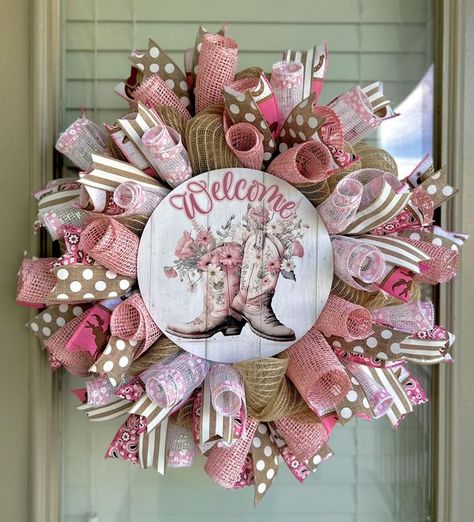 Selling Homemade Wreaths | Just sold this cowgirl wreath Western Wreaths, Cowboys Wreath, Homemade Wreaths, Pink Wreath, Just Sold, Welcome Wreath, Wreath Bow, Winter Wreath, Country Girl