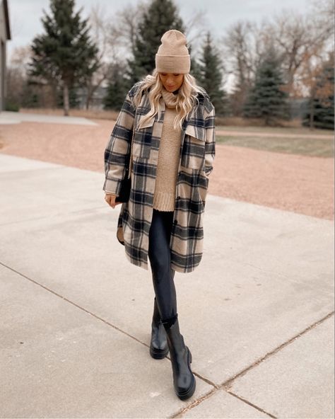 Plaid shacket, longline plaid shacket, lug boots, knit beanie, oversized beanie, leather leggings, winter outfit Leather Leggings And Shacket Outfit, Checked Shacket Outfit Women, Shacket And Boots Outfit, Sweater And Shacket Outfit, Shacket Winter Outfit Women, Brown Faux Leather Shacket Outfit, Teacher Shacket Outfit, Long Flannel Shacket Outfit, Green Plaid Shacket Outfit