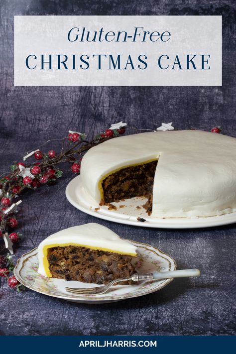 An iced gluten free Christmas cake on a serving plate with a slice taken out of it. The slice of cake is on a small plate in the foreground. Gluten Free Christmas Cake Recipe, Homemade Fruit Cake, Gluten Free Christmas Cake, Traditional Christmas Cake, Christmas Cake Recipe, Christmas Pudding Recipes, British Christmas, British Recipes, Dried Fruit Mix