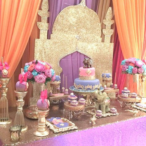 50th Birthday Celebration  | CatchMyParty.com Teen Party Themes, Princess Jasmine Party, Arabian Party, Arabian Nights Party, Aladdin Party, Princess Jasmine Birthday, Jasmine Party, Moroccan Party, Jasmine Birthday