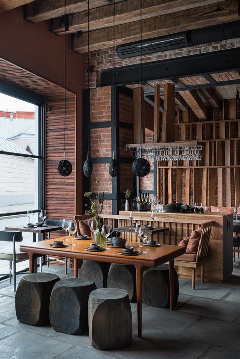 Cozy minimalistic interior | Loft style | Japanese pub | Modern design | Restaurant interior | Wood & concrete Rustic Restaurant Interior, Restaurant Design Rustic, Pub Interior Design, Modern Restaurant Design, Minimalistic Interior, Pub Interior, Interior Design Minimalist, Industrial Restaurant, Pub Design