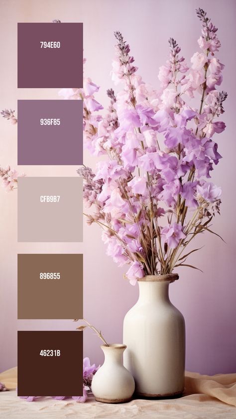 Colors: 794E60 ° 936F85 ° CFB9B7 ° 896855 ° 46231B  Wishing you the best of luck as you make something awesome with this palette. Please share and save this if you found it useful!⁣⁣⁣⁣⁣⁣⁣⁣⁣ Still Life Composition, Light Purple Flowers, Color Design Inspiration, Floral Still Life, Rustic Bouquet, Hue Color, Best Of Luck, Wish You The Best, White Vases