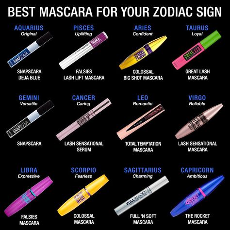 Maybelline New York on Instagram: “What’s your sign? 👀 We have a mascara for every sign on the zodiac! 😏 #nationallashday” Best Maybelline Mascara, Beginner Makeup Kit, The Best Mascara, Custom Lipstick, Cruelty Free Makeup Brands, Maybelline Mascara, Zodiac Sign Fashion, Zodiac Signs Chart, Eye Makeup Pictures