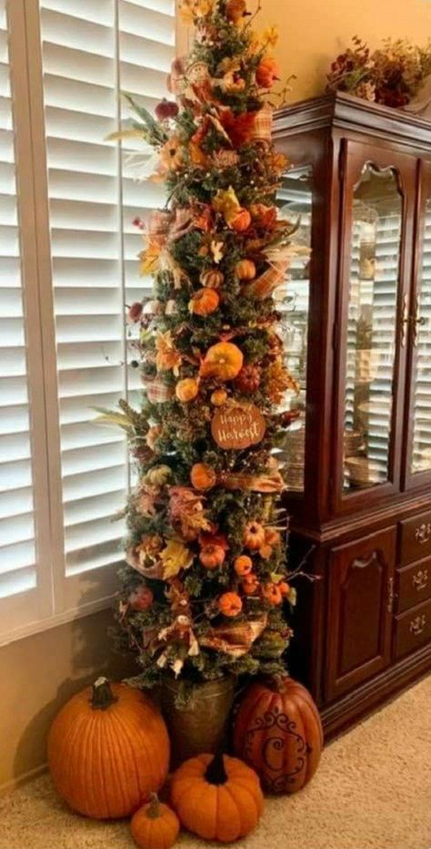 Fall Tree Decorations, Fall Christmas Tree, Thanksgiving Tree, Fall Thanksgiving Wreaths, Slim Tree, Neutral Fall Decor, Fall Trees, Fall Designs, Thanksgiving Inspiration