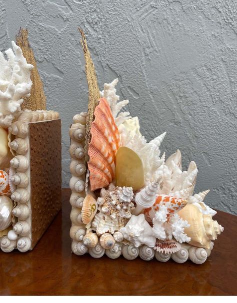 For Sale on 1stDibs - Pair of hand made shell & coral bookends with Ostrich embossed leather backing. Shell Bookends, Ocean Things, Seashell Centerpieces, Pretty Christmas Decorations, Art Coquillage, Shell Craft, Seashell Projects, Frida Art, Coral Decor