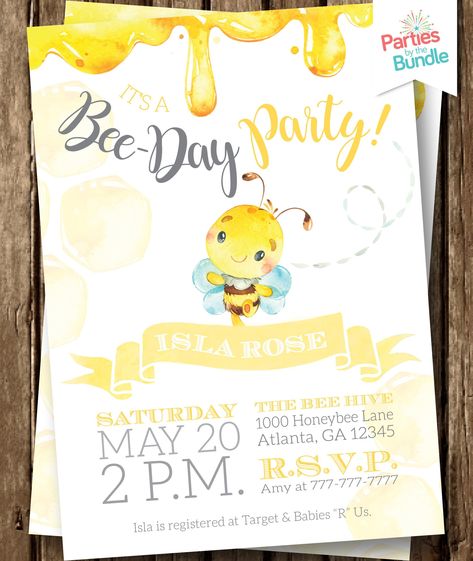 Bee Invitations, Bee Birthday Party, Bee Day, Birthday Vintage, Bee Party, Bee Birthday, 75th Birthday, Girl First Birthday, Birthday Invite