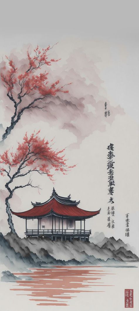 Japanese Background Drawing, Japanese Scenery Drawing, Japan Scenery Drawing, Japanese Painting Wallpaper, Chinese Aesthetic Wallpaper, Chinese Wallpaper Aesthetic, China Wallpaper, Japan Drawing, Chat Background