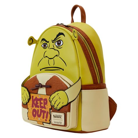 On the front, Shrek’s face appears over the front pocket, his ears rising up over the top in applique detail. The front pocket features a faux leather tie for Shrek’s shirt, and his hands hold a “Keep Out” sign, reminiscent of the ones in front of his house in the movie. On the back, words in print spell out, “Eat, Stink, and be Scary.” Dimensions: 9” W x 10.5” H x 4.5” D Material: Faux leather (polyurethane) Features: and printed, embroidered, and applique details. This backpack is an officiall Keep Out Sign, Shrek Dreamworks, Keep Out Signs, Warner Music Group, Loungefly Bag, Keep Out, Leather Tie, Fan Accessories, Star Wars Collection