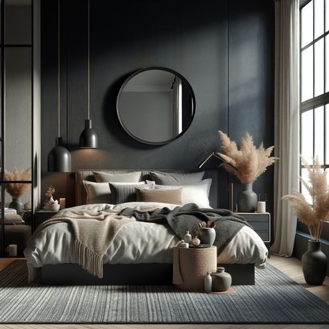 Snug and modern bedroom with a dark, Industrial aesthetic. King-sized platform bed with Padded headboard, neutral pillows, and a Woven throw blanket. Circular mirror on a dark grey wall, Bedside chest with ceramic pots, Contemporary black lamp. Floor-to-ceiling windows with white curtains, delicate plants in vases. Jute rug in Slate and navy tones. Bedroom With Round Mirror, Dark Edgy Bedroom, Bedroom Dark Gray Headboard, Black Comforter Bedroom Ideas Luxury, Black Grey And Cream Bedroom, Charcoal Bedroom Decor, Neutral And Black Bedding, Black Wall Grey Headboard, Grey And Black Bedroom Aesthetic