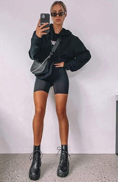 Biker Shorts Game Day Outfit, Shorts And Chunky Boots, Bike Shorts And Doc Martens, Biker Shorts Long Sleeve Outfit, Biker Shorts Jumpsuit Outfit, All Black Biker Shorts Outfit, Biker Shorts Combat Boots Outfit, Biker Shorts Airport Outfit, Trendy Biker Shorts Outfit