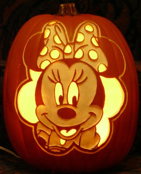 Minnie Mouse pattern by stoneykins.com I carved on a foam pumpkin. Minnie Mouse Carved Pumpkin, Mini Mouse Pumpkin Carving, Pumpkin Carving Ideas Mickey Mouse, Minnie Mouse Pumpkin Carving, Mickey Mouse Pumpkin Carving, Minnie Mouse Pumpkin Stencil, Kids Halloween Pumpkin Carving, Pumpkin Carving Disney Stencils, Disney Pumpkin Carving Patterns